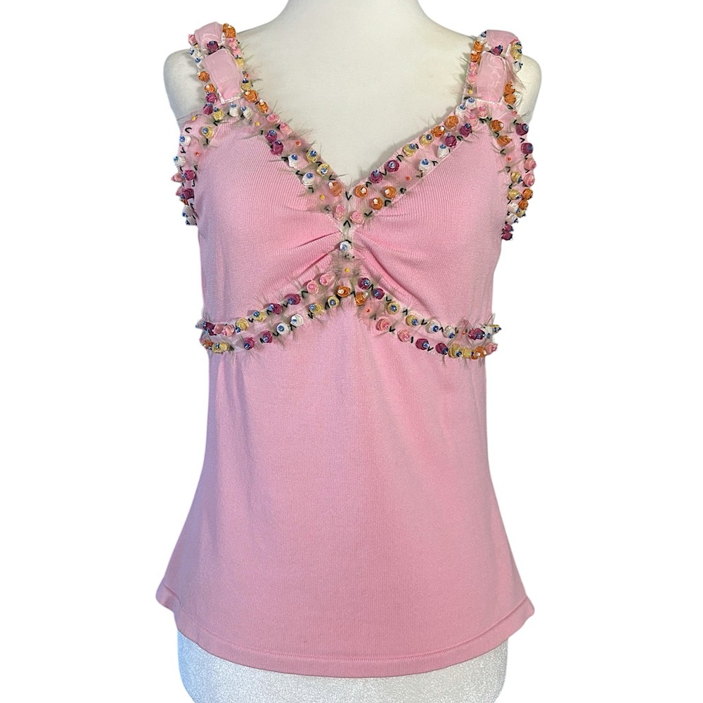 Vintage 90s Cabo Coquette Floral Beaded Sequin Embellished Tank Top Pink Medium
